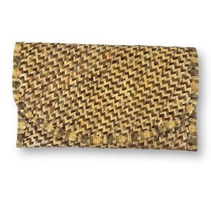 Boutique Straw Woven Foldover‎ Clutch Bag Neutral Browns And Tans Boho Beach